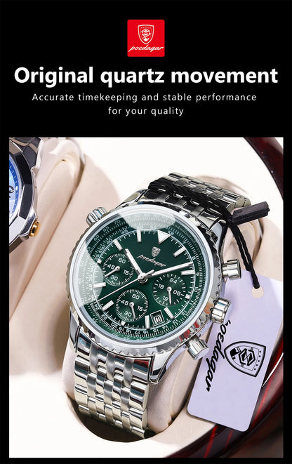 POEDAGAR 960 Men's Luxury Chronograph Watch - Stainless Steel, Luminous, 3ATM, Auto Date