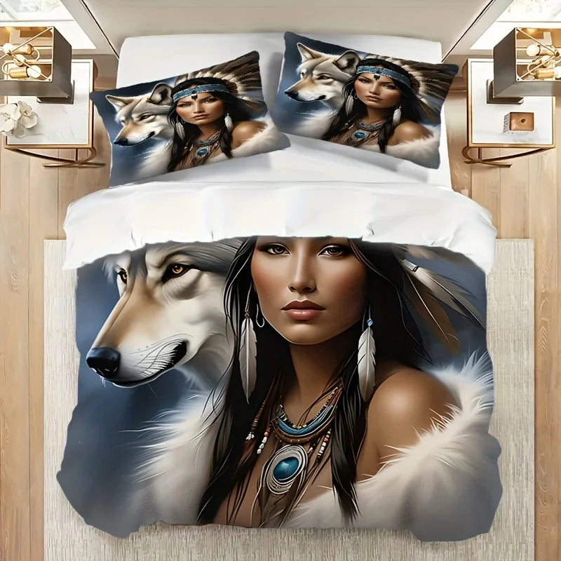 Wolf Feather 3D Bedding Set - Polyester Duvet Cover Pillowcase