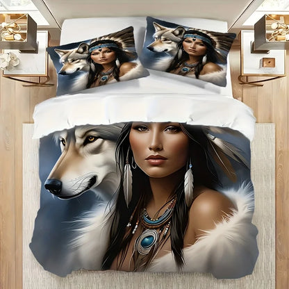 Wolf Feather 3D Bedding Set - Polyester Duvet Cover Pillowcase