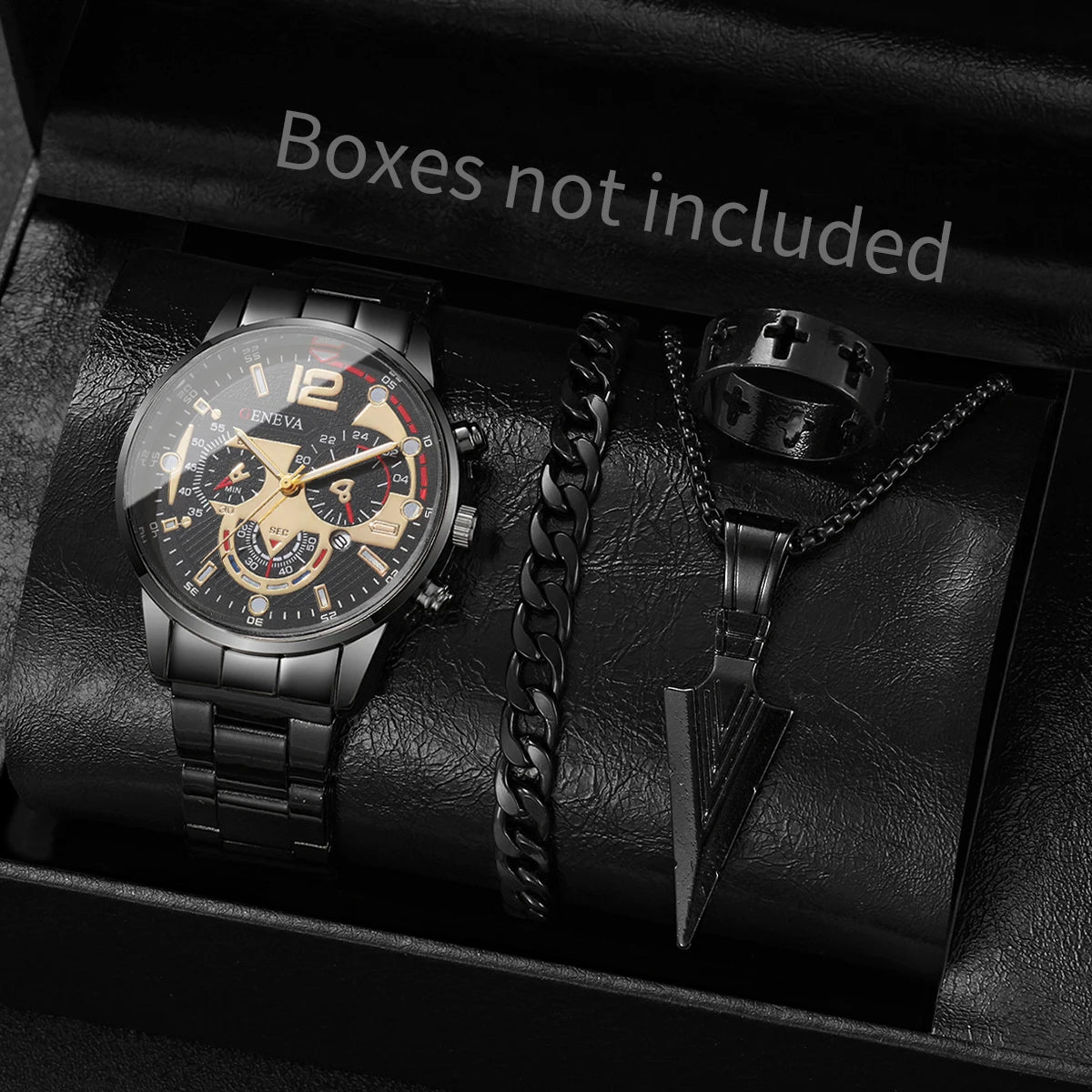 yolako 4pcs Men's Quartz Watch, Bracelet, Necklace & Ring Set - Alloy, Arabic Numeral, 40mm