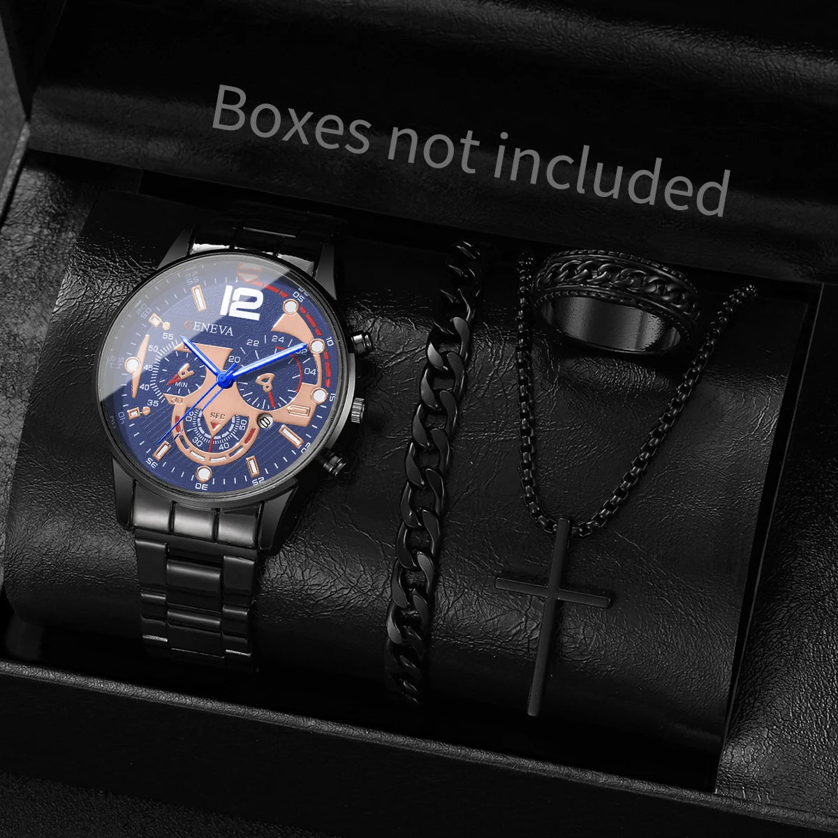 yolako 4pcs Men's Business Quartz Watch, Necklace, Bracelet & Ring Set - Alloy Band, Arabic Numeral, 42mm