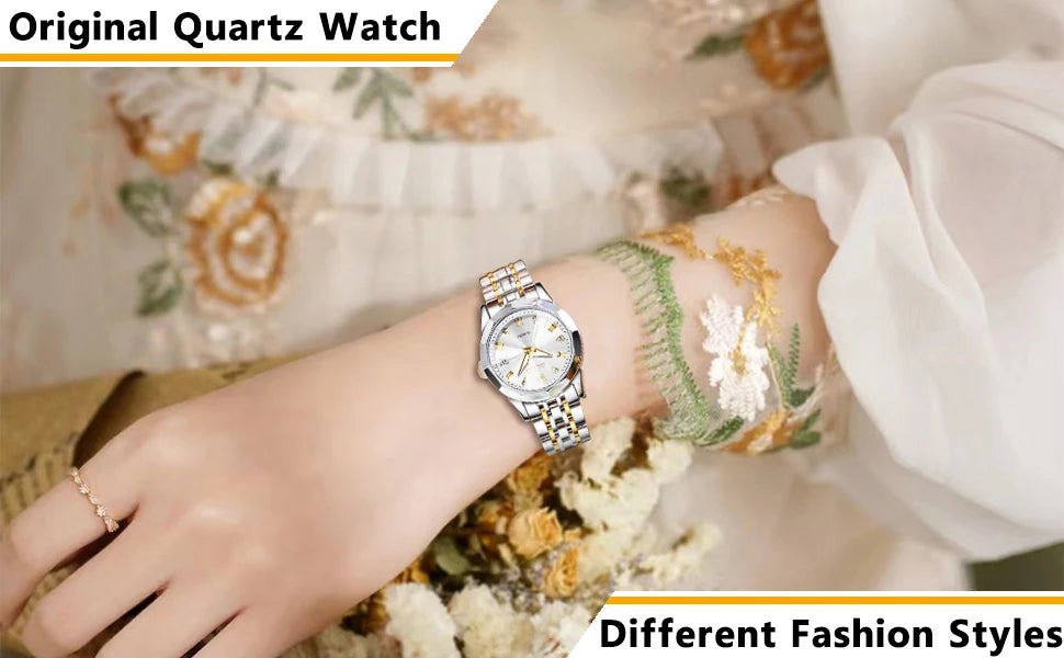 OLEVS 9931 Women's Watch - Stainless Steel, Dual Calendar, Luxury, Waterproof, Jewelry Set