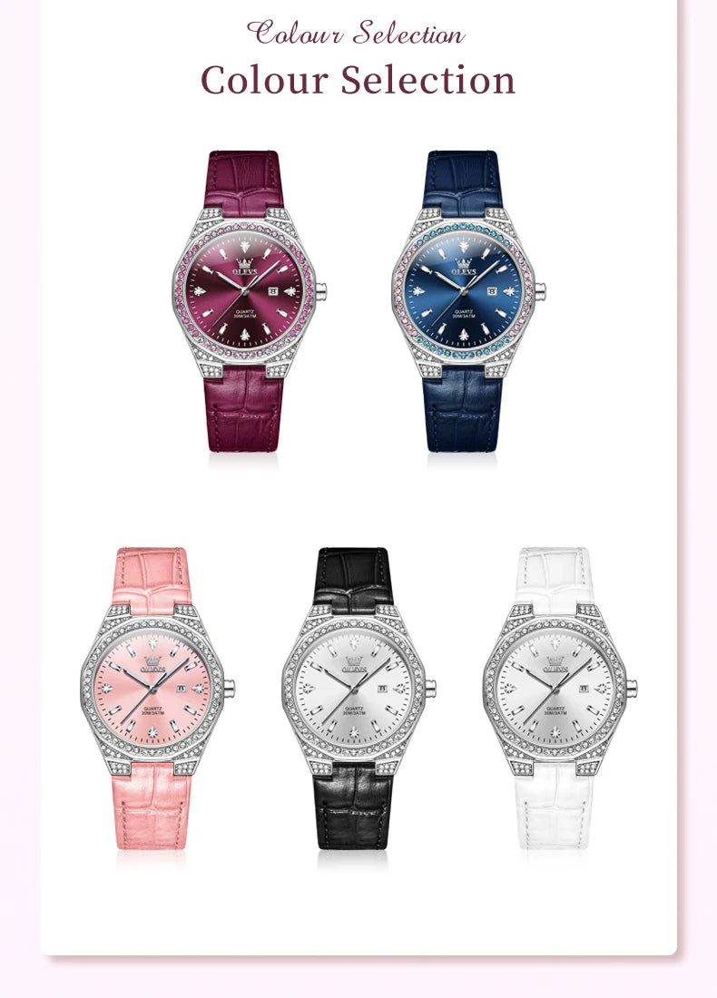 OLEVS 5606 Original Diamond Watch - Leather Strap, 3M Waterproof, Luminous