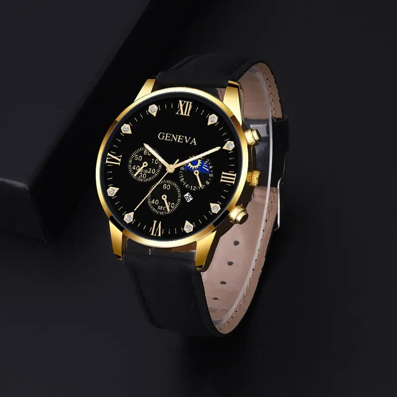 DEYROS 2pcs Men's Luxury Quartz Watch & Bracelet Set - Leather Band, Numberless Dial, No Box