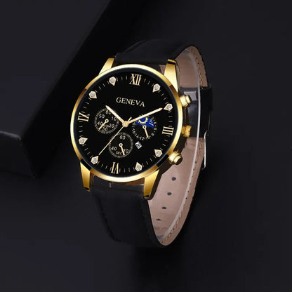 DEYROS 2pcs Men's Luxury Quartz Watch & Bracelet Set - Leather Band, Numberless Dial, No Box