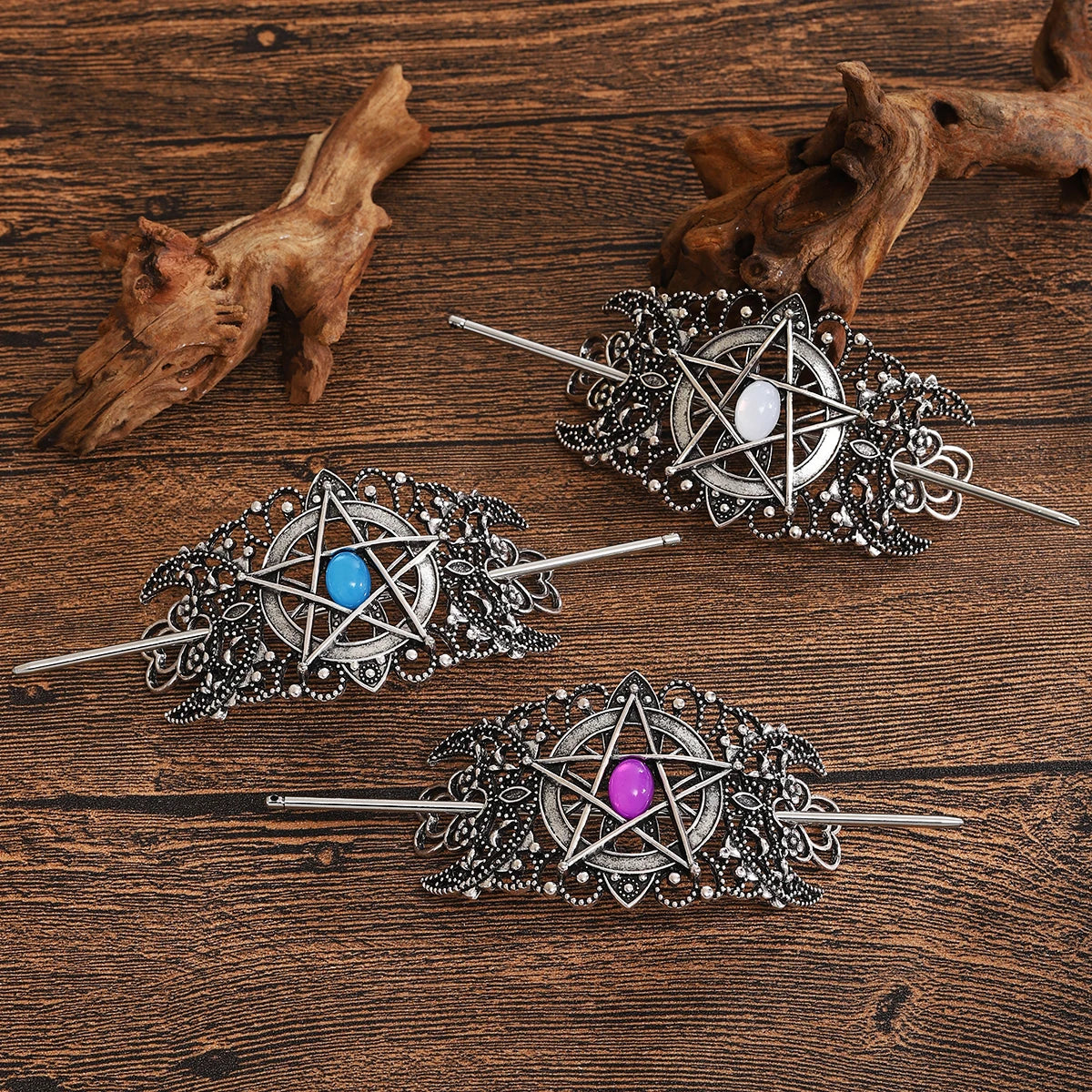 Star & Heart Gemstone Hairpin – Viking Style, Metal Alloy, Blue/Pink/White