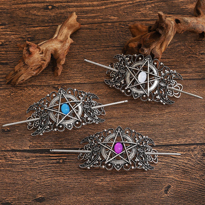 Star & Heart Gemstone Hairpin – Viking Style, Metal Alloy, Blue/Pink/White