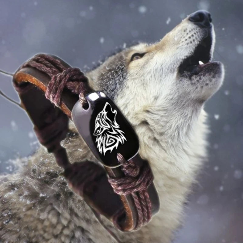 Wolf Pendant Leather Bracelet - Adjustable Tribal Wristband for Men