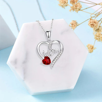 Heart 'Mom' Engraved Rhinestone Necklace – Multi-Color, 35cm