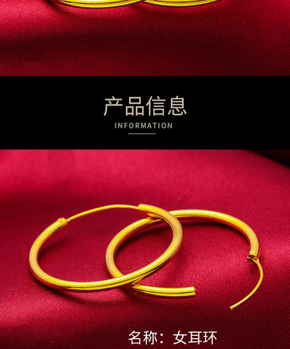Women's 24K Gold Shiny Large Earrings (20-30mm), AU999 | Engraved "Entropy" with mechanical motifs.