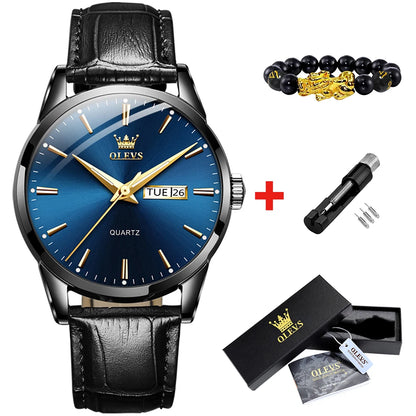 OLEVS 6898 Men's Watch - Simple Blue Face, Waterproof, Leather Strap, Business Casual, Automatic