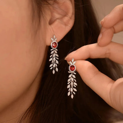 925 Sterling Silver Red Gemstone Tassel Earrings - Vintage Style