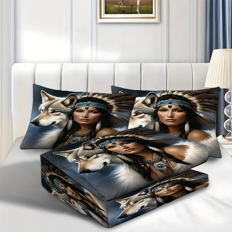 Wolf Feather 3D Bedding Set - Polyester Duvet Cover Pillowcase