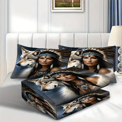Wolf Feather 3D Bedding Set - Polyester Duvet Cover Pillowcase
