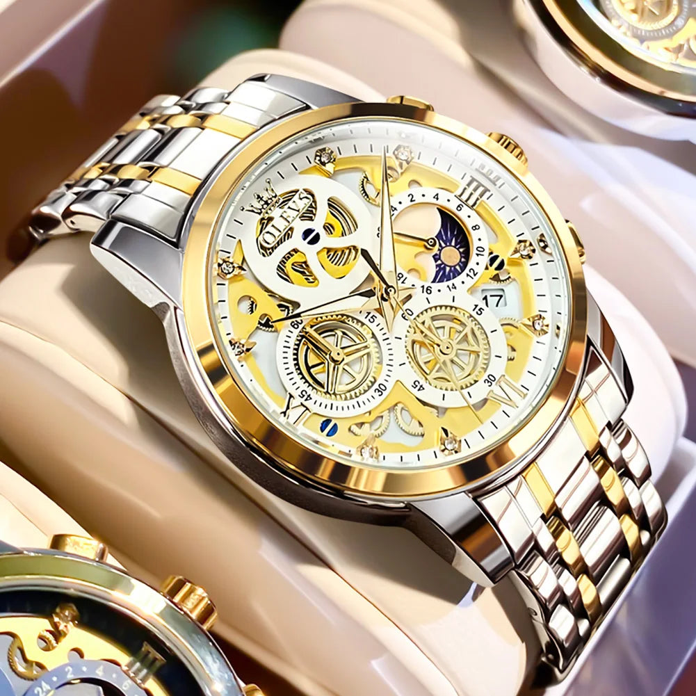 OLEVS 9947 Men's Watch - Luxury, Waterproof, Gold Skeleton, 24 Hour Day Night, Quartz