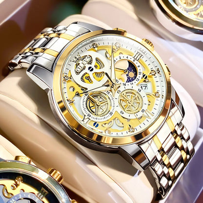 OLEVS 9947 Men's Watch - Luxury, Waterproof, Gold Skeleton, 24 Hour Day Night, Quartz