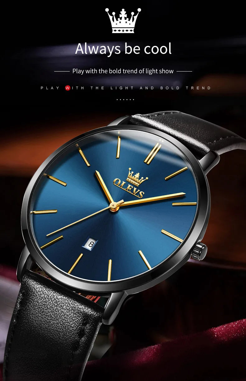 OLEVS 5869 Men's Watch - Ultra Thin 6.5mm, Minimalist, Leather Strap, Waterproof, Auto Date