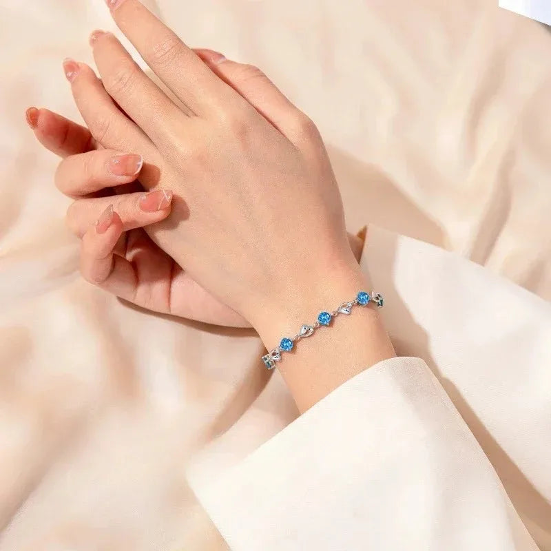 925 Sterling Silver Heart Necklace & Bracelet Set - Blue Crystal