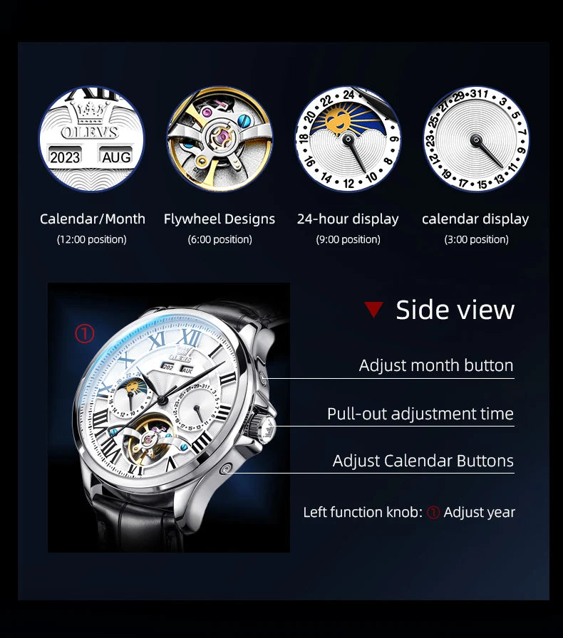 OLEVS 7013 Men's Watch - Moon Phase, Mechanical Automatic, Hollow Flywheel, Waterproof