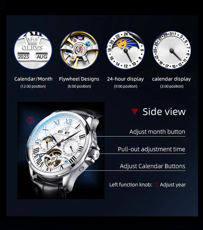 OLEVS 7013 Men's Watch - Moon Phase, Mechanical Automatic, Hollow Flywheel, Waterproof