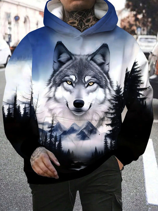 Wolf 3D Print Hoodie - Polyester O-Neck Front Pocket Streetwear