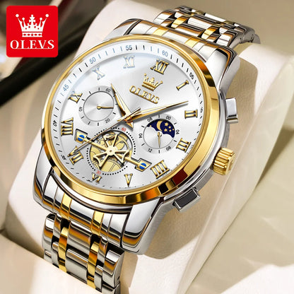 OLEVS 2859+2897 Couple Watch - Stainless Steel, Waterproof, Chronograph, Moon Phase, Flywheel