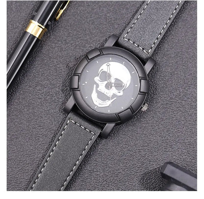 DEYROS 3pcs Men's Skull Quartz Watch Set - Watch, Necklace & Bracelet, Stainless Steel, Hardlex