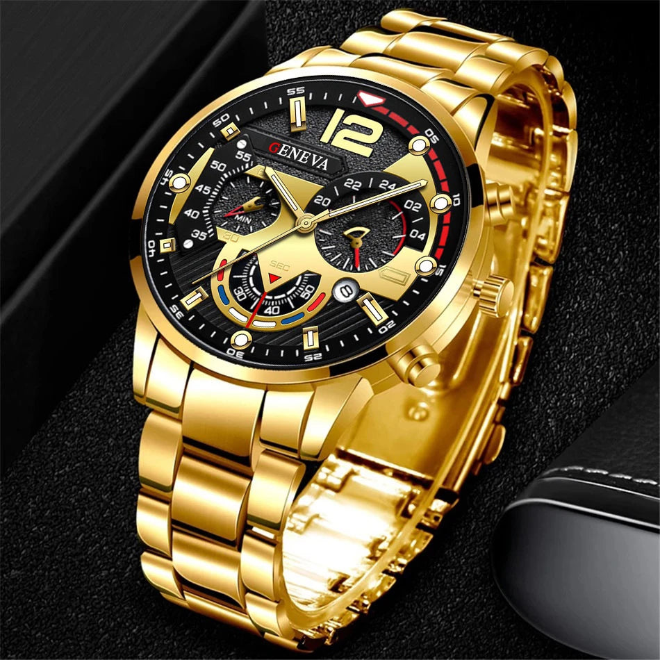 yolako 3pcs Men's Quartz Watch, Necklace & Bracelet Set - Stainless Steel, Numberless Dial, 42mm