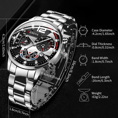 yolako 3pcs Men's Quartz Watch, Necklace & Bracelet Set - Stainless Steel, Numberless Dial, 42mm