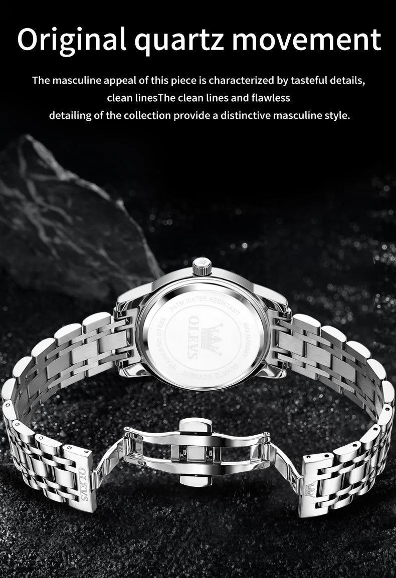 OLEVS Top Brand Men's Watches Fashion Original Quartz Watch for Man Waterproof Stainless Steel Luminous Wristwatch Moon Phase