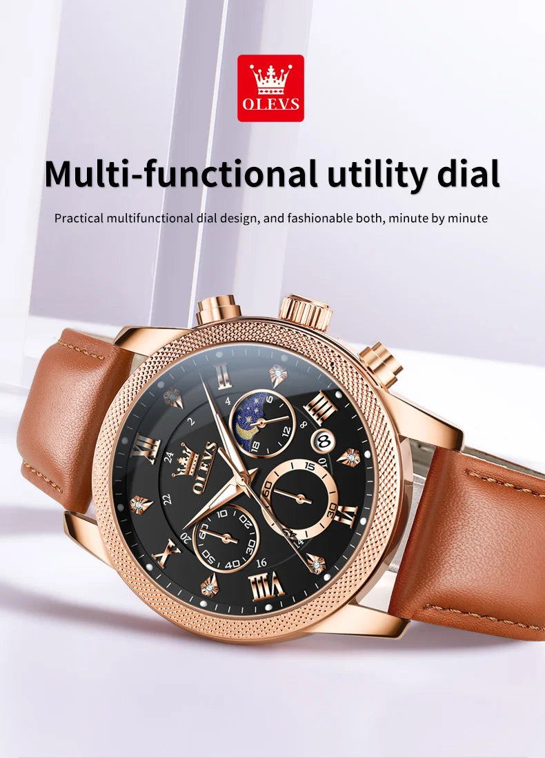 OLEVS 3660 Men's Watch - Moon Phase, Chronograph, Leather Strap, Waterproof, Anti-Magnetic