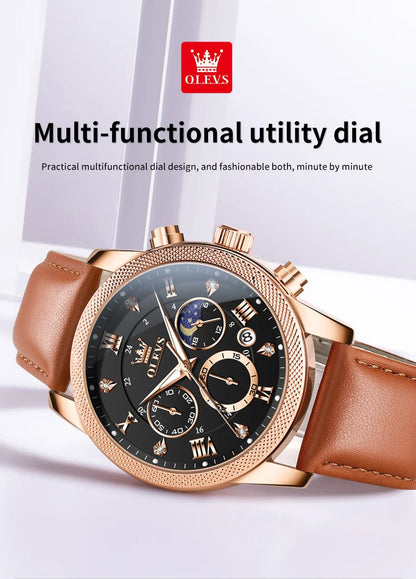 OLEVS 3660 Men's Watch - Moon Phase, Chronograph, Leather Strap, Waterproof, Anti-Magnetic