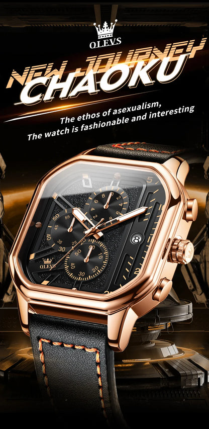 OLEVS 9950 Men's Watch - Square Sport, Waterproof, Leather Strap, Stopwatch, Backlight