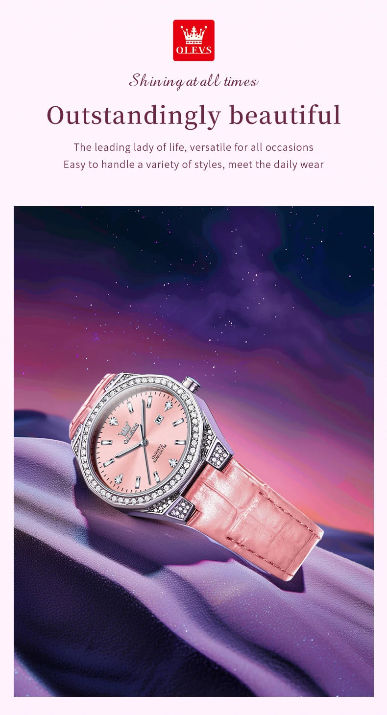 OLEVS 5606 Original Diamond Watch - Leather Strap, 3M Waterproof, Luminous