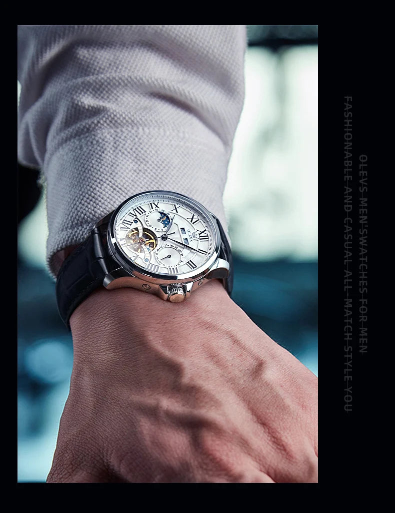 OLEVS 7013 Men's Watch - Moon Phase, Mechanical Automatic, Hollow Flywheel, Waterproof
