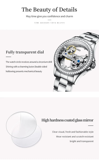 OLEVS 6699 Automatic Mechanical Watch - Transparent 40mm Big Dial, Bracelet Set, Luxury