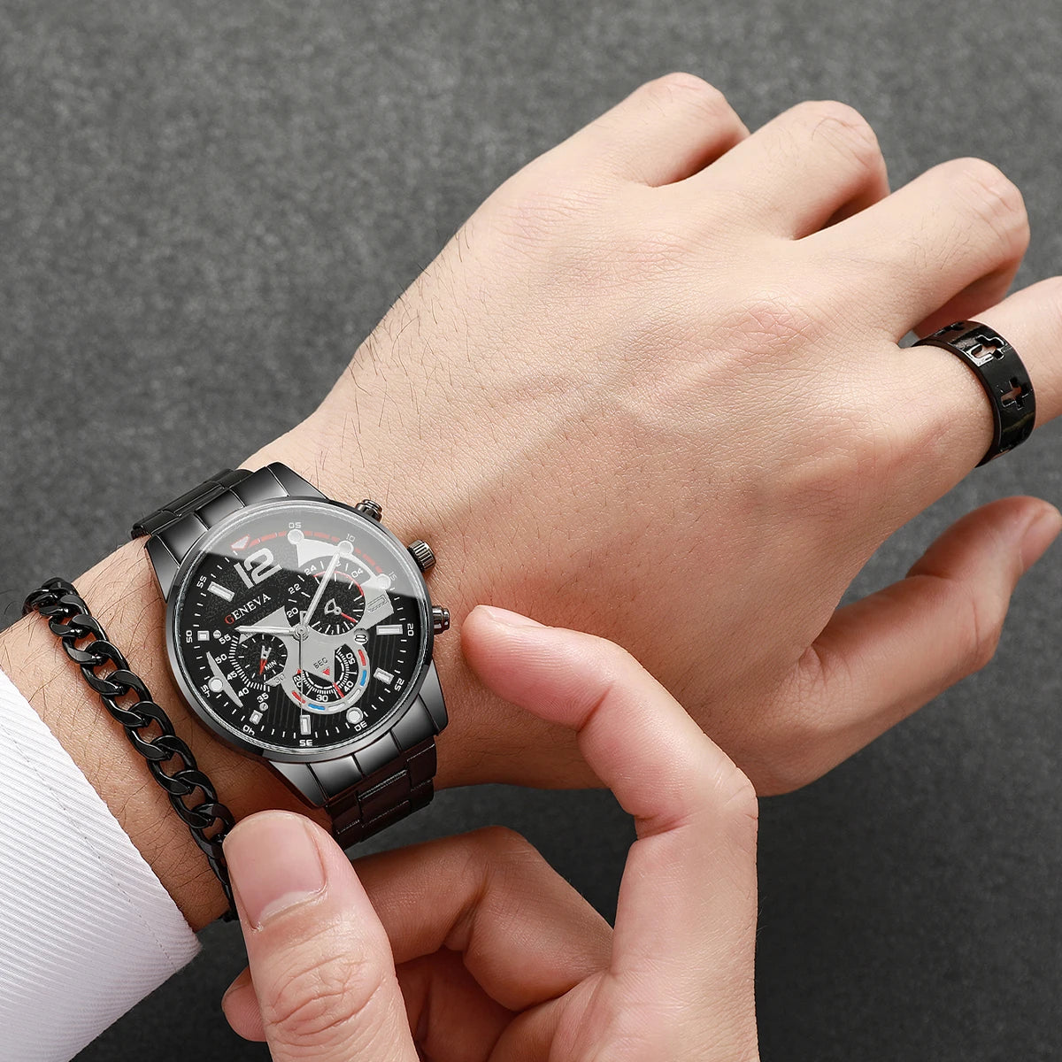 yolako 4pcs Men's Quartz Watch, Bracelet, Necklace & Ring Set - Alloy, Arabic Numeral, 40mm