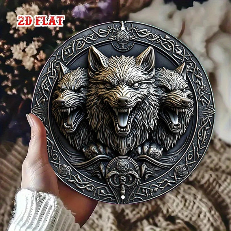 Wolf Faces Aluminum Sign - 20cm Round Celtic Knotwork Metal Wall Art