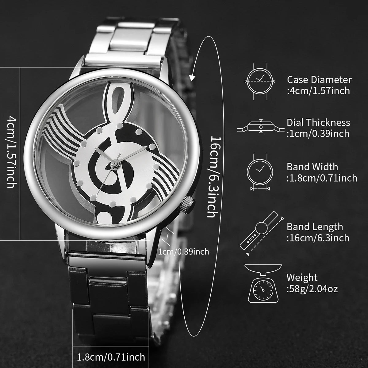 Women's 2pcs Hollow Musical Note Dial Quartz Watch & Heart Bracelet Set - Steel Band, 40mm, No Box