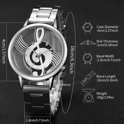 Women's 2pcs Hollow Musical Note Dial Quartz Watch & Heart Bracelet Set - Steel Band, 40mm, No Box
