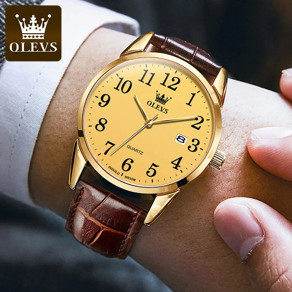 OLEVS 5566 Watch - Fashion Quartz, Leather Strap, Waterproof, Arabic Numeral, Men & Women