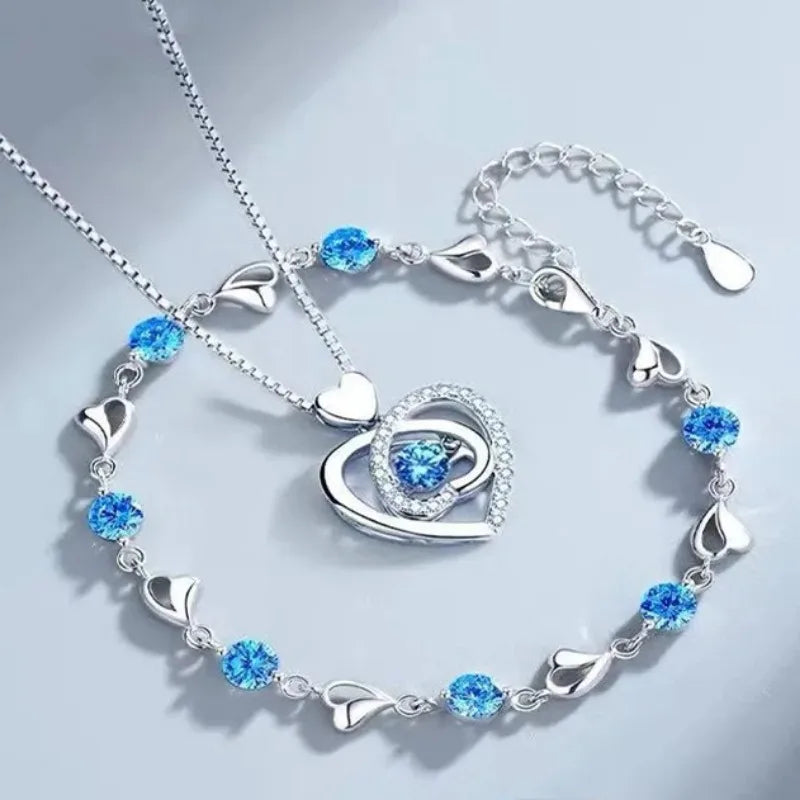 925 Sterling Silver Heart Necklace & Bracelet Set - Blue Crystal