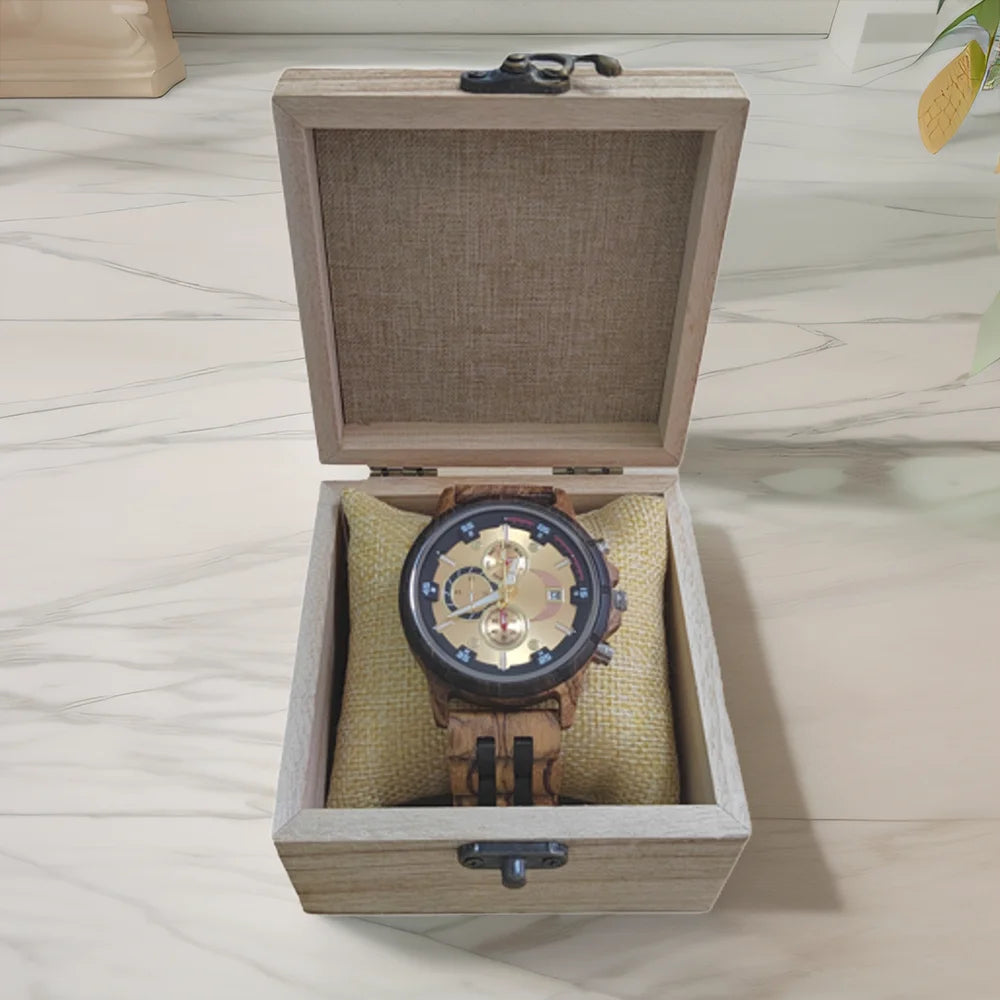 Rainch Men’s Wooden Quartz Watch with Dual Time Zones and Calendar