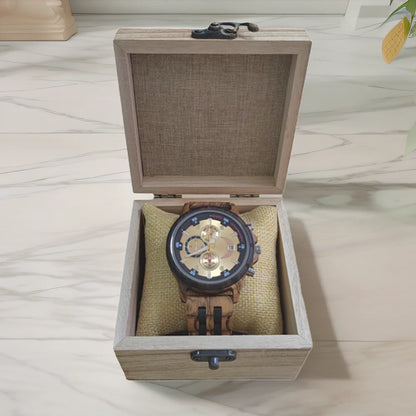 Rainch Men’s Wooden Quartz Watch with Dual Time Zones and Calendar