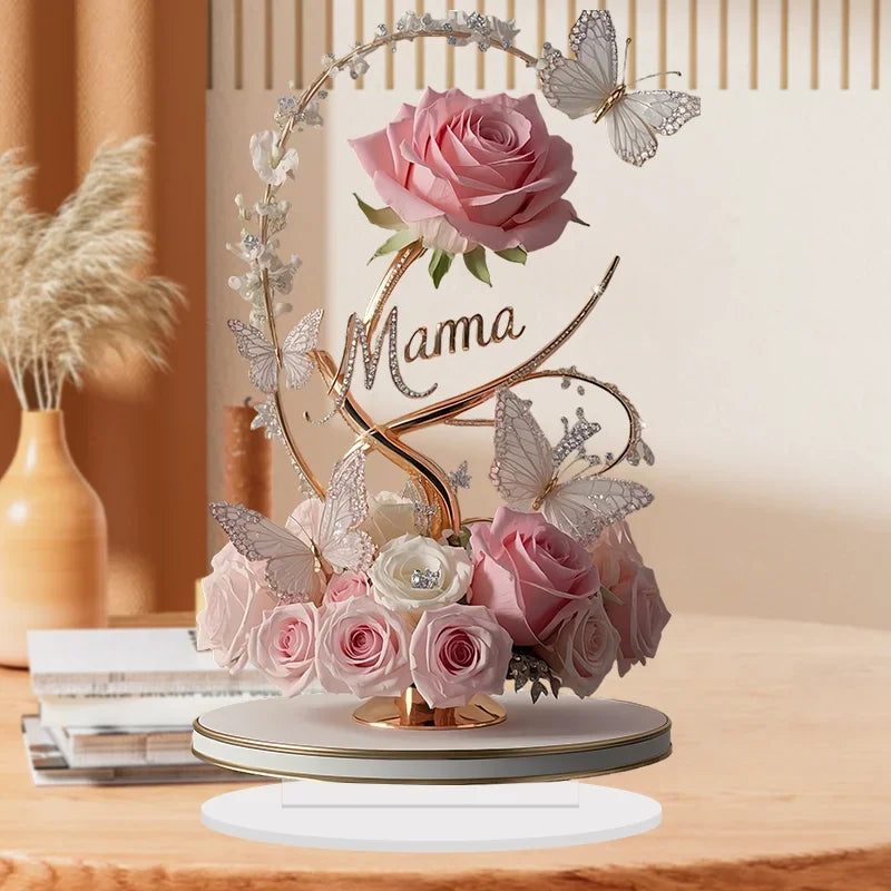 8" Acrylic Rose 'MOM' Standing Decoration – Love Theme, Pastoral Style