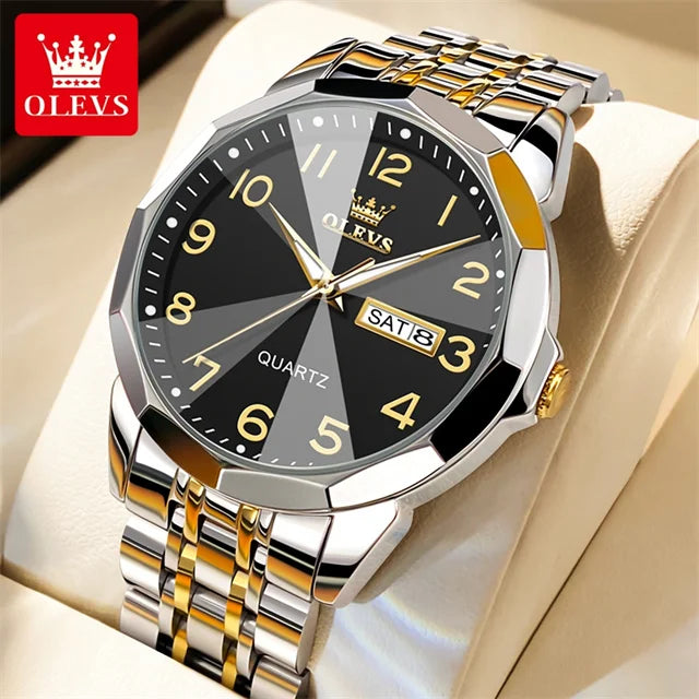 OLEVS 9970 Couple Watch - Luxury, Stainless Steel, Waterproof, Calendar, Digital Dial, Rhombus Mirror