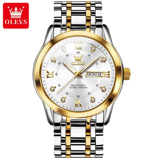 OLEVS 5513 Couple Watch - Stainless Steel, Waterproof, Luxury Gold Diamond, Lover's Pair