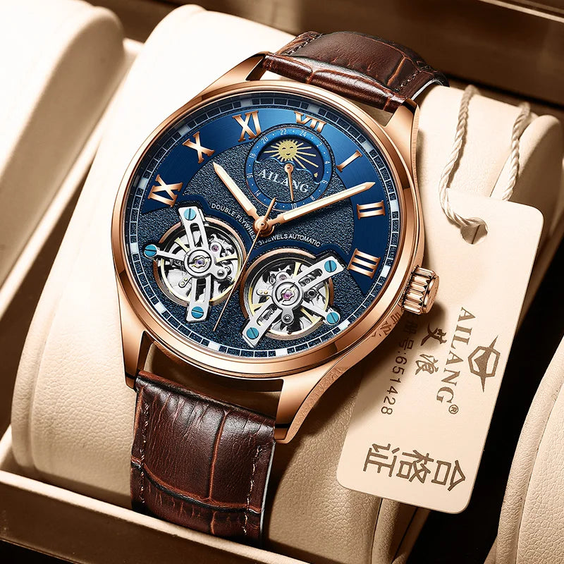 AILANG AL-8822 Double Flywheel Automatic Watch - Moon Phase, Transparent Back, Luxury