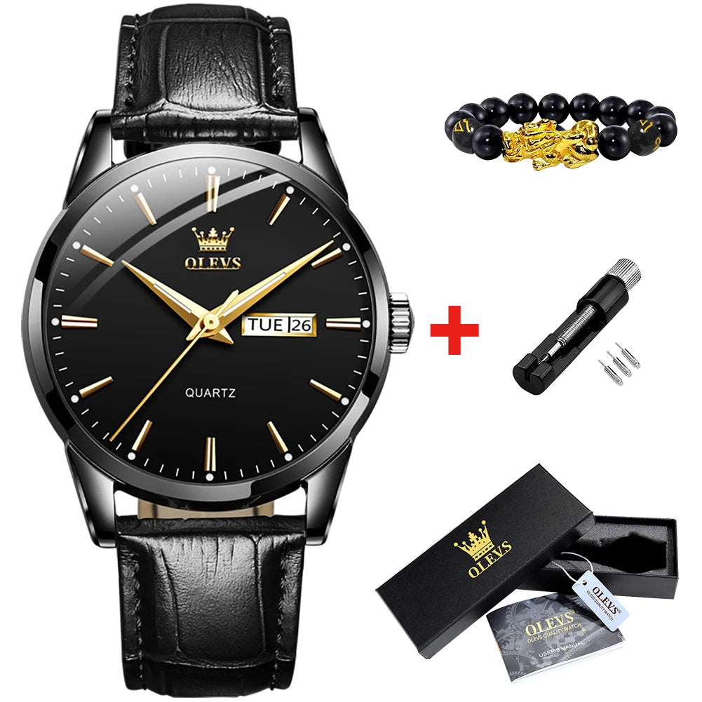 OLEVS 6898 Men's Watch - Simple Blue Face, Waterproof, Leather Strap, Business Casual, Automatic