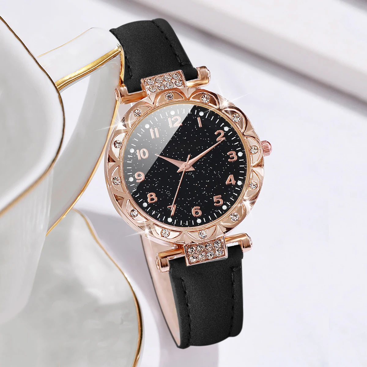 2pcs Women's Rhinestone Quartz Watch & Heart Bracelet Set - PU Leather, Arabic Numeral, 33mm